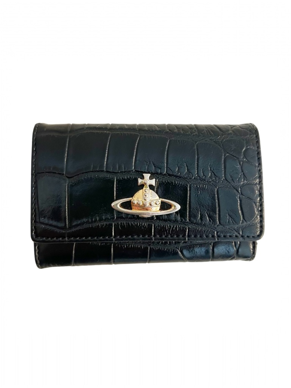 Vivienne Westwood Black Croc-Embossed Wallet Key Case with Gold Logo Authentic